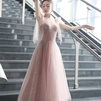 Pink A line prom dress pink tulle evening dress - Thumbnail 6