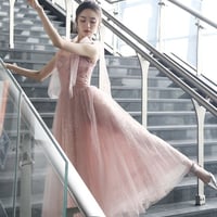 Pink A line prom dress pink tulle evening dress - Thumbnail 7