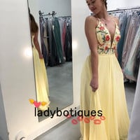 Yellow Long Prom Dress with Floral Embroidery,911 - Thumbnail 2