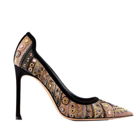 Black high heels women's stiletto 10cm embroidered lace and gauze pumps S-278 - Thumbnail 3