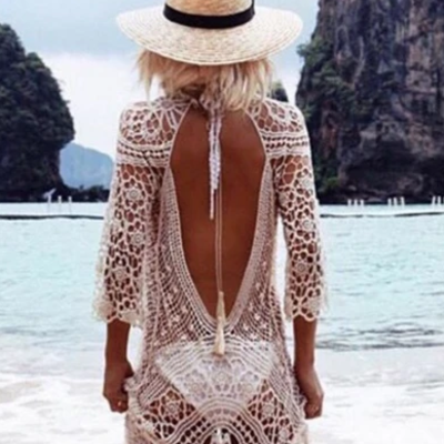 White sexy beachwear lace dress - Thumbnail 2