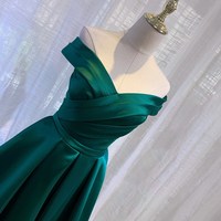 Elegant Ball Gown Off the Shoulder Dark Green Satin Prom Gowns - Thumbnail 2