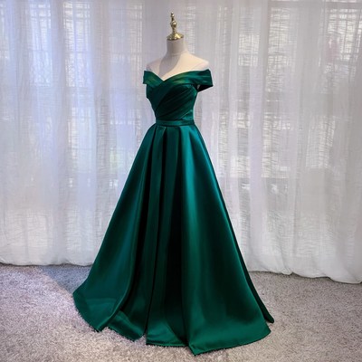 Elegant Ball Gown Off the Shoulder Dark Green Satin Prom Gowns