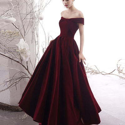 Burgundy a line velvet prom dress burgundy evening dress - Thumbnail 4