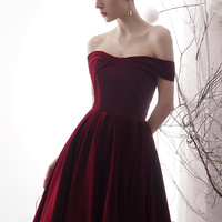 Burgundy A line velvet prom dress burgundy evening dress - Thumbnail 2