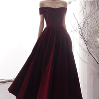 Burgundy A line velvet prom dress burgundy evening dress - Thumbnail 3
