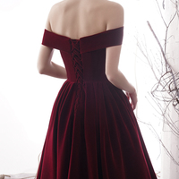 Burgundy A line velvet prom dress burgundy evening dress - Thumbnail 4