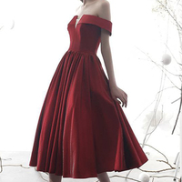 Burgundy satin short prom dress A line evening dress - Thumbnail 4