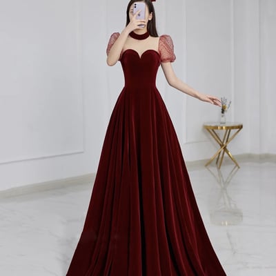 Cute velvet long prom dress burgundy a line evening dress - Thumbnail 4
