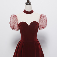 Cute velvet long prom dress burgundy A line evening dress - Thumbnail 3