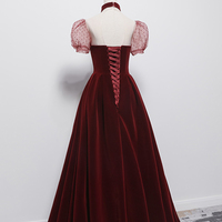 Cute velvet long prom dress burgundy A line evening dress - Thumbnail 5