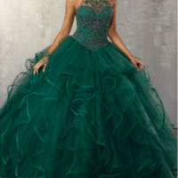 Green Ruffles Puffy Ball Gown Quinceanera Dresses 2021 Crystal Beaded Pearls High neck Sweet 16 Dress Sheer Neck Princess Prom Dresses Party Gowns,920 - Thumbnail 2