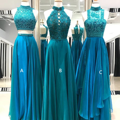 Teal prom dresses,high neck prom dresses, beaded prom dresses,919