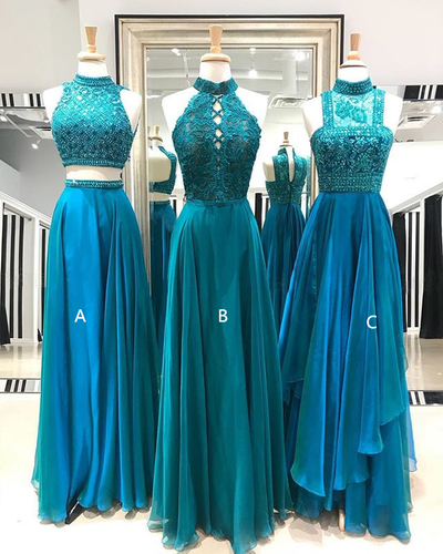 Teal prom dresses,High neck prom dresses, Beaded prom dresses,919