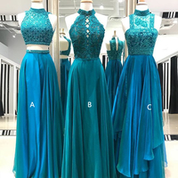 Teal prom dresses,High neck prom dresses, Beaded prom dresses,919 - Thumbnail 1