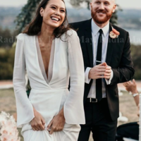 Sexy Plunging V-Neck Boho Wedding Dress Long Sleeves Side Split Ivory Chiffon Grecian Bridal Gowns Vintage Country Bride Dress,923 - Thumbnail 1