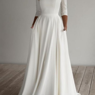 Clean satin 3/4 sleeves bridal dresses with pockets,210 - Thumbnail 5