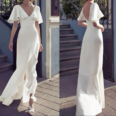 2021 v neck sheath wedding dresses front split backless bridal dress floor length wedding dresses custom,211 - Thumbnail 5