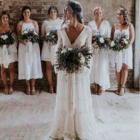 Bohemian Lace Wedding Dresses 2021 V Neck Long Sleeves Backless A Line Floor Length Beach Garden Country Bridal Gowns Plus Size,212 - Thumbnail 1