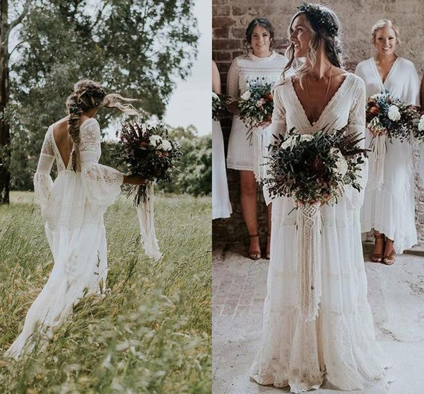 Bohemian Lace Wedding Dresses 2021 V Neck Long Sleeves Backless A Line Floor Length Beach Garden Country Bridal Gowns Plus Size,212
