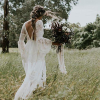 Bohemian Lace Wedding Dresses 2021 V Neck Long Sleeves Backless A Line Floor Length Beach Garden Country Bridal Gowns Plus Size,212 - Thumbnail 2