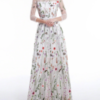 White Prom DressTulle Colorful Floral Embroidery Whimsical Maxi Evening Dress with Sheer 3/4 Sleeves Prom Dress,214 - Thumbnail 1