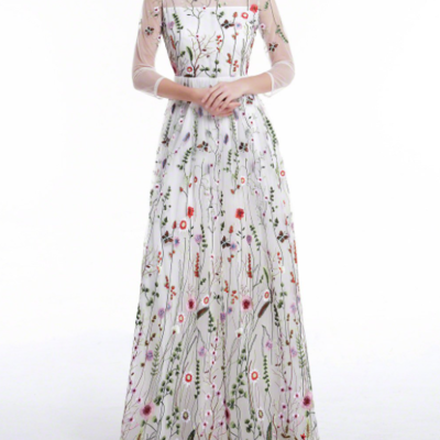 White prom dresstulle colorful floral embroidery whimsical maxi evening dress with sheer 3/4 sleeves prom dress,214 - Thumbnail 5
