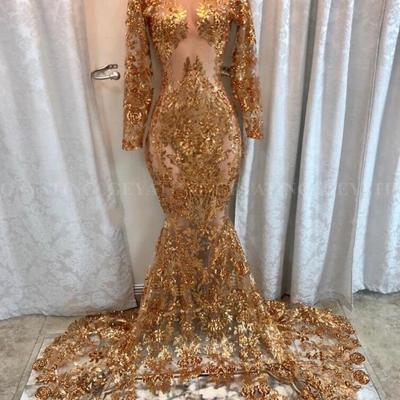 Sparkly sequin long sleeves mermaid gold prom dresses for black girl, see through 2021 sexy sheer lace appliques african evening formal dress,221 - Thumbnail 5
