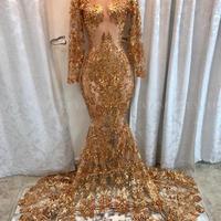 Sparkly Sequin Long Sleeves Mermaid Gold Prom Dresses for Black Girl, See through 2021 Sexy Sheer Lace Appliques African Evening Formal Dress,221 - Thumbnail 2