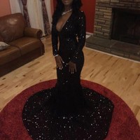 Luxury Bling Sparkle Black Girl Prom Dress Evening Dress Mermaid Deep V-neck Long Sleeves Sequins Lace Prom Dresses Evening Dresses Party Dress,223 - Thumbnail 1