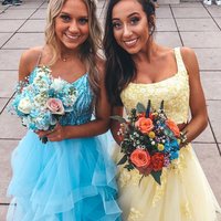 Chic Spaghetti Straps Tulle Two Piece Prom Dresses A-Line 3D Lace Appliques Yellow Prom Dresses Zipper Up Long Formal Dresses,224 - Thumbnail 2