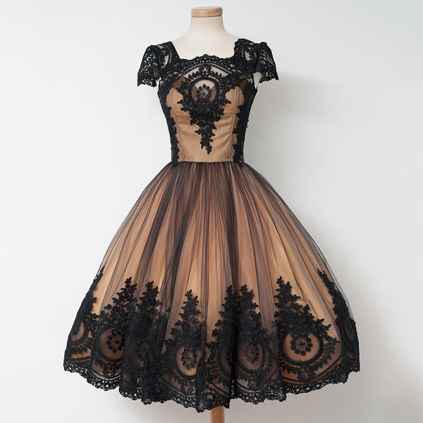 Modest Ball Gown Prom Dresses, Square Neckline Tea-length Homecoming Dresses, Tulle Appliques Lace Party Dress,227