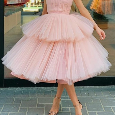 Strapless pink tulle homecoming dress gown with tiered skirt,228 - Thumbnail 4