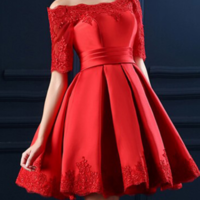 Boat Neckline Red Lace Short Prom Dresses,Homecoming Dresses,229 - Thumbnail 1
