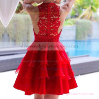New Style Red Prom Dresses, A-line Lace Short Homecoming Dresses, Scoop Neck ChiffonTiered Party Graduation Dress,230 - Thumbnail 1