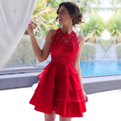 New style red prom dresses, a-line lace short homecoming dresses, scoop neck chiffontiered party graduation dress,230
