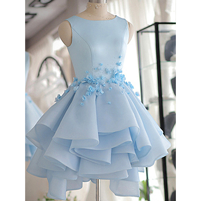 Blue homecoming dresses, scoop neck satin tulle short prom dresses, beautiful flower(s) original a-line cocktail dress,234