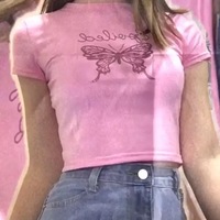 Cute Pink Butterfly Glitter Sparkle Print Crop Top Short Sleeve Shirt Tee T-shirt Summer Casual E-Girl Kawaii Korean Japanese Harajuku Streetwear - Thumbnail 7