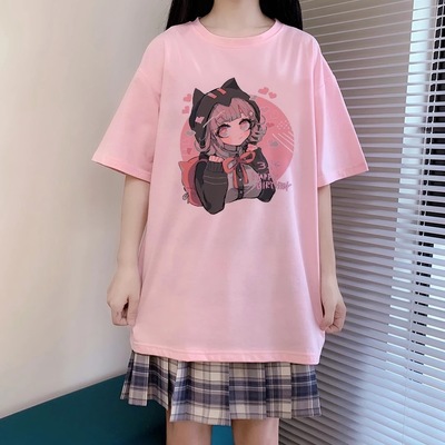 Cute Cat Anime Girl Cartoon Print Oversized Loose Short Sleeve Shirt Tee T-shirt Summer Casual E-Girl Kawaii Korean Japanese Harajuku Streetwear