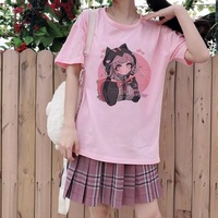 Cute Cat Anime Girl Cartoon Print Oversized Loose Short Sleeve Shirt Tee T-shirt Summer Casual E-Girl Kawaii Korean Japanese Harajuku Streetwear - Thumbnail 1