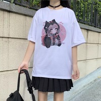 Cute Cat Anime Girl Cartoon Print Oversized Loose Short Sleeve Shirt Tee T-shirt Summer Casual E-Girl Kawaii Korean Japanese Harajuku Streetwear - Thumbnail 2