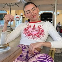 Cute Retro Rock Heart Aesthetic Print Crop Top Long Sleeve Shirt Tee T-shirt Punk Goth Summer Casual E-Girl Kawaii Korean Japanese Harajuku Streetwear - Thumbnail 1