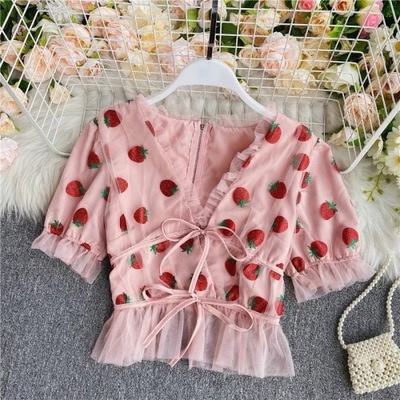 Cute Sexy Pink Strawberry Glitter Sparkle Mesh V Neck Blouse Puff Short Sleeve Shirt Summer Casual E-Girl Kawaii Korean Japanese Harajuku Streetwear