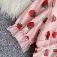Cute Sexy Pink Strawberry Glitter Sparkle Mesh V Neck Blouse Puff Short Sleeve Shirt Summer Casual E-Girl Kawaii Korean Japanese Harajuku Streetwear - Thumbnail 3