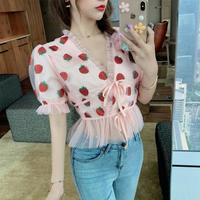 Cute Sexy Pink Strawberry Glitter Sparkle Mesh V Neck Blouse Puff Short Sleeve Shirt Summer Casual E-Girl Kawaii Korean Japanese Harajuku Streetwear - Thumbnail 6