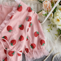 Cute Sexy Pink Strawberry Glitter Sparkle Mesh V Neck Blouse Puff Short Sleeve Shirt Summer Casual E-Girl Kawaii Korean Japanese Harajuku Streetwear - Thumbnail 7