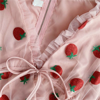 Cute Sexy Pink Strawberry Glitter Sparkle Mesh V Neck Blouse Puff Short Sleeve Shirt Summer Casual E-Girl Kawaii Korean Japanese Harajuku Streetwear - Thumbnail 8