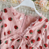 Cute Sexy Pink Strawberry Glitter Sparkle Mesh V Neck Blouse Puff Short Sleeve Shirt Summer Casual E-Girl Kawaii Korean Japanese Harajuku Streetwear - Thumbnail 9