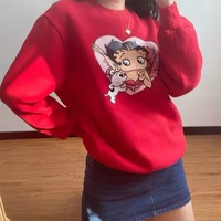 Cute 80s 90s Red Heart Vintage Cartoon Girl Long Sleeve Shirt Hoodie Pullover Sweatshirt Casual E-Girl Kawaii Korean Japanese Harajuku Streetwear - Thumbnail 2