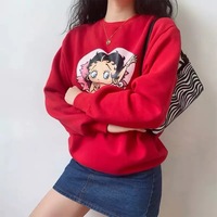 Cute 80s 90s Red Heart Vintage Cartoon Girl Long Sleeve Shirt Hoodie Pullover Sweatshirt Casual E-Girl Kawaii Korean Japanese Harajuku Streetwear - Thumbnail 1
